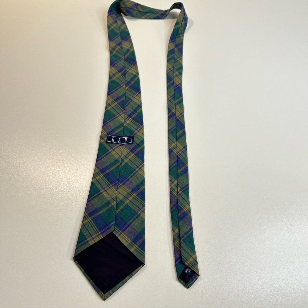 GAP Vintage Plaid Madras Tie in Green Blue and Yellow Fall Plaid Tie Preppy - Picture 6 of 10